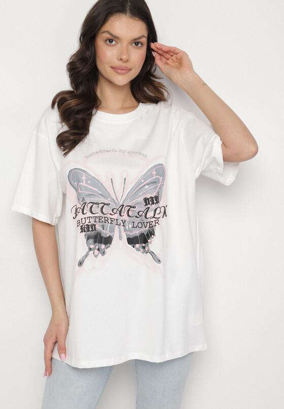 Biały T-shirt Oversize z Bawełny z Nadrukiem z Motylem Nonatira 4
