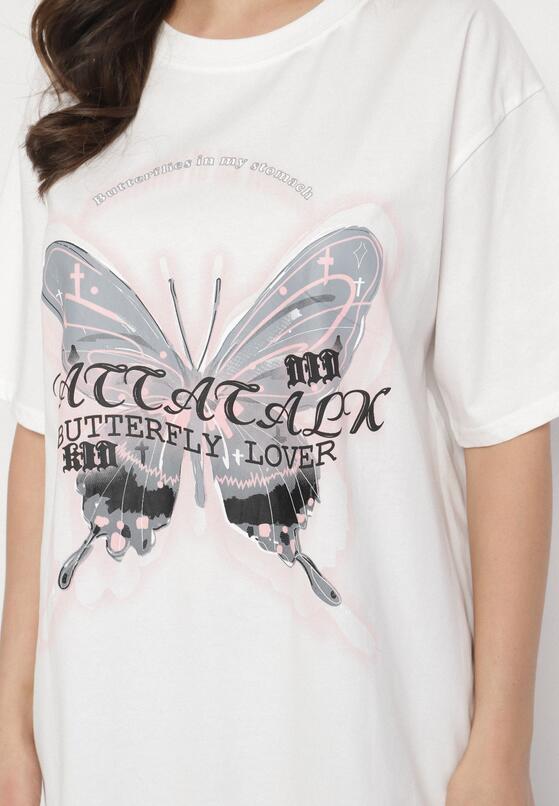 Biały T-shirt Oversize z Bawełny z Nadrukiem z Motylem Nonatira 5