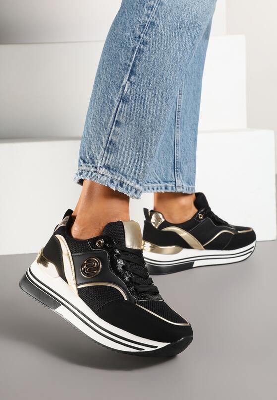 Czarne Sneakersy na Grubej Podeszwie z Metalicznymi Wstawkami Gonnith 2