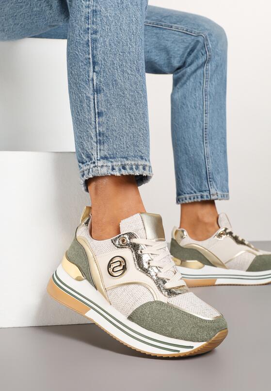 Beżowo-Zielone Sneakersy na Grubej Podeszwie z Metalicznymi Wstawkami Gonnith 1