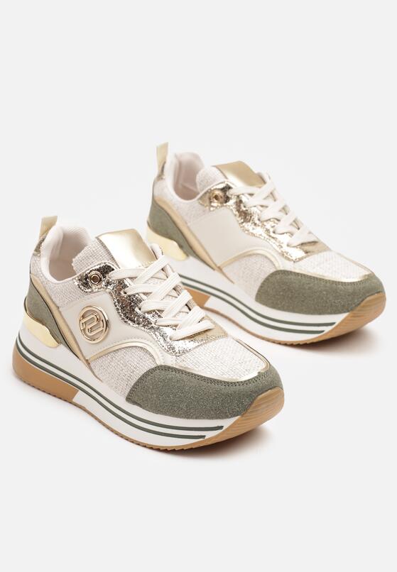 Beżowo-Zielone Sneakersy na Grubej Podeszwie z Metalicznymi Wstawkami Gonnith 5