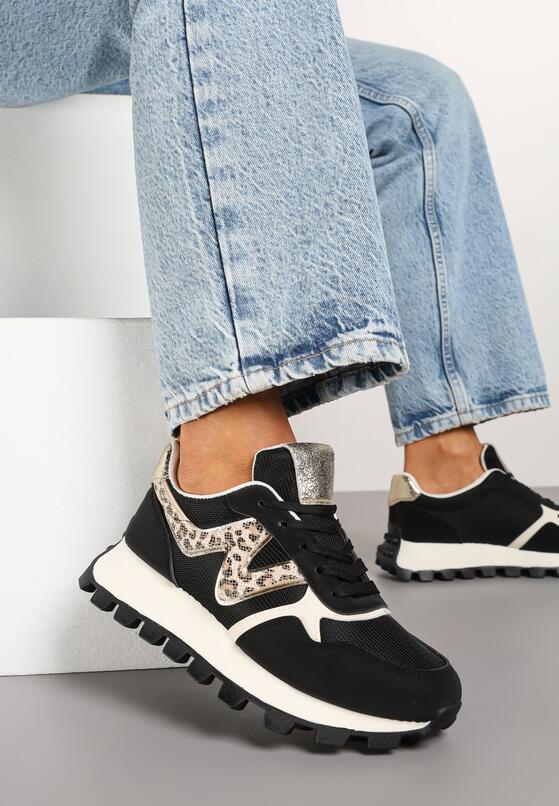 Czarne Sneakersy na Podeszwie z Tłoczeniami Zdobione Wzorem w Panterkę Gonoria 2