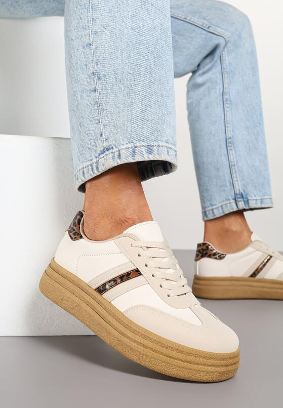 Beżowe Sneakersy na Platformie w Stylu Kultowych Tenisówek Ozdobione Wzorem w Panterkę Gonoriel 2