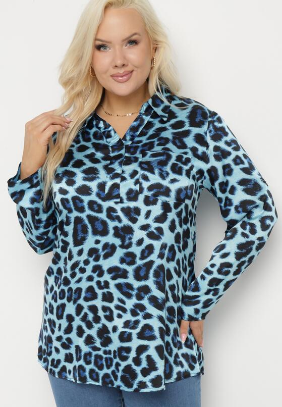 Niebieska Bluzka Koszulowa z Kołnierzykiem i Kieszonką w Panterkę Velivia 1