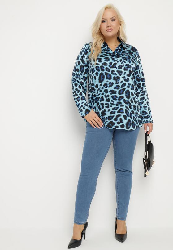 Niebieska Bluzka Koszulowa z Kołnierzykiem i Kieszonką w Panterkę Velivia 2
