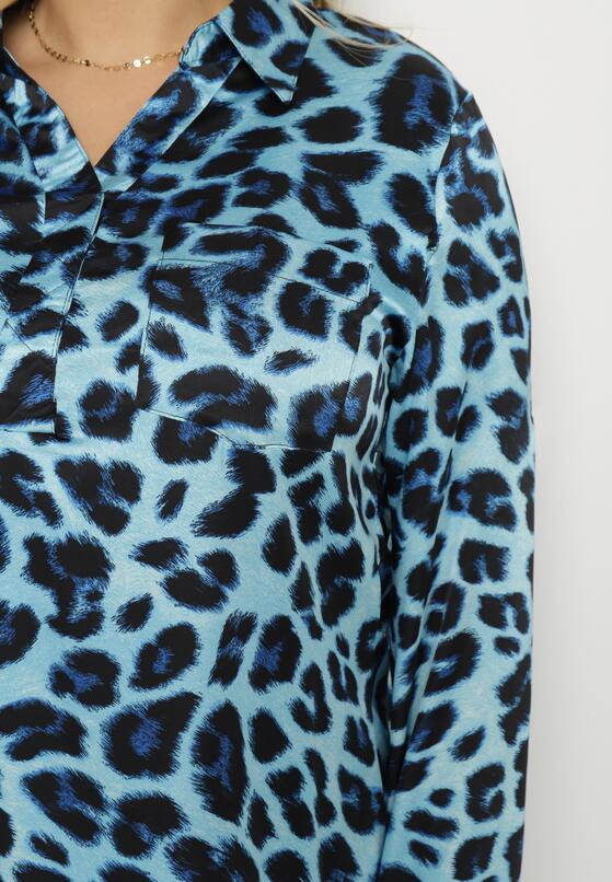 Niebieska Bluzka Koszulowa z Kołnierzykiem i Kieszonką w Panterkę Velivia 5