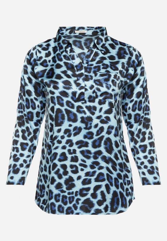 Niebieska Bluzka Koszulowa z Kołnierzykiem i Kieszonką w Panterkę Velivia 6