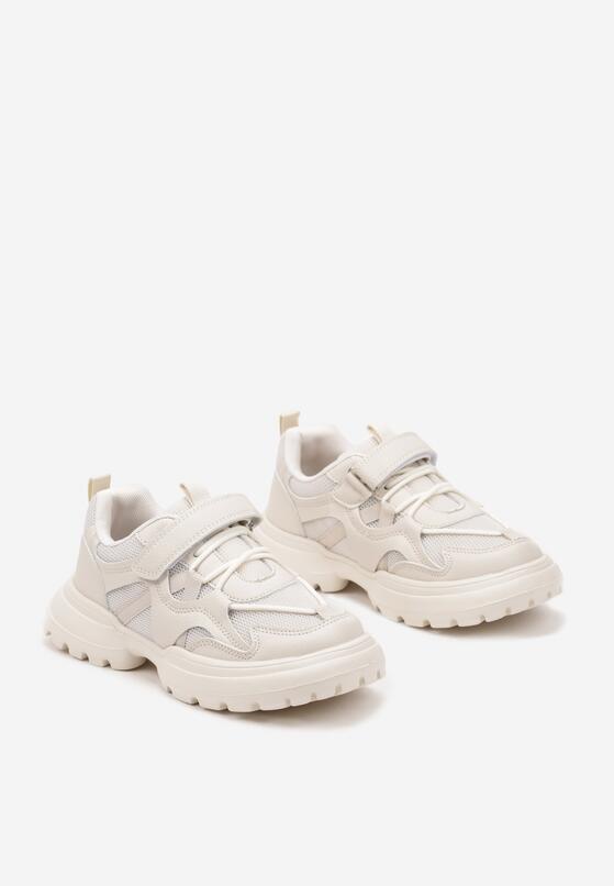 Beżowe Buty Sportowe Sneakersy ze Skórzaną Wkładką z Geometrycznym Wzorem Fonithea 2