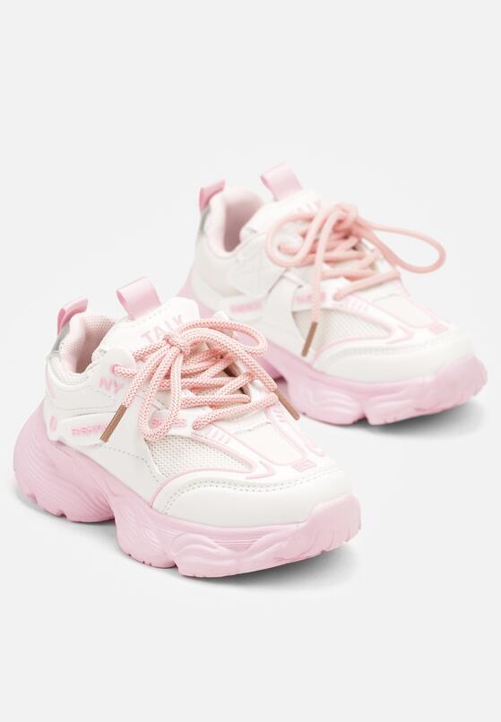 Biało-Różowe Buty Sportowe Sneakersy ze Skórzaną Wkładką i Napisem Rivreti 2