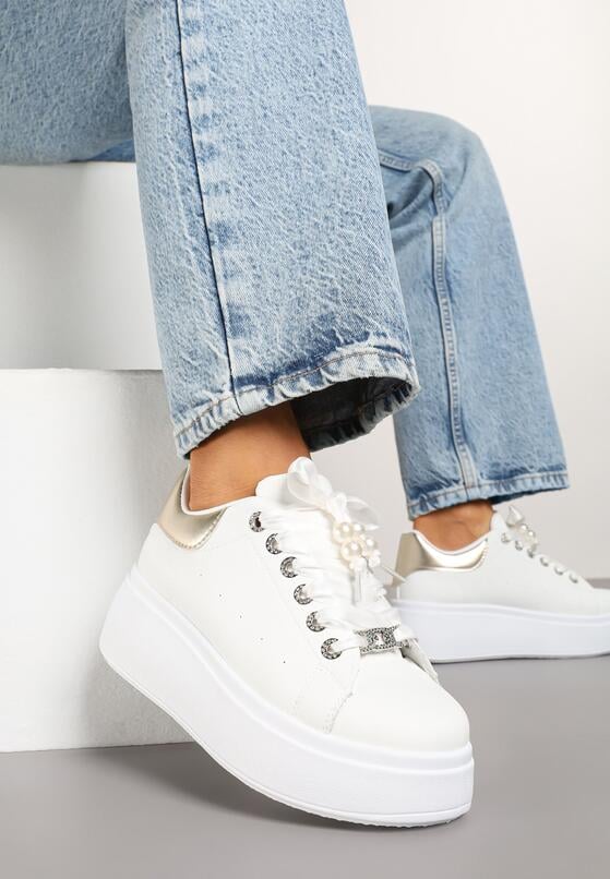 Biało-Złote Sneakersy na Grubej Podeszwie Zdobione Cyrkoniami Afinua 1