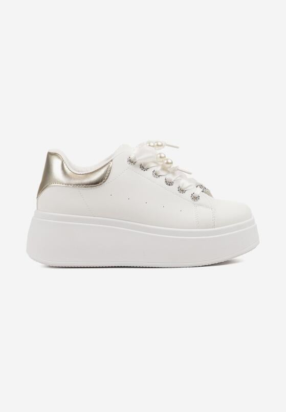Biało-Złote Sneakersy na Grubej Podeszwie Zdobione Cyrkoniami Afinua 4