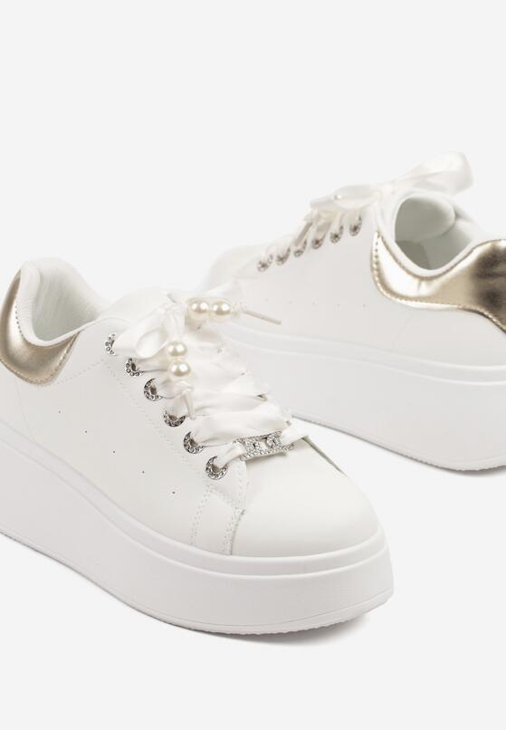 Biało-Złote Sneakersy na Grubej Podeszwie Zdobione Cyrkoniami Afinua 6