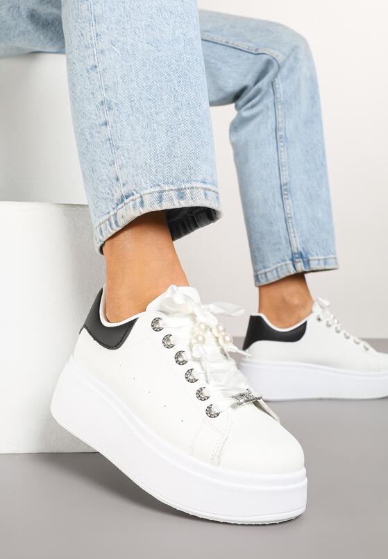 Biało-Czarne Sneakersy na Grubej Podeszwie Zdobione Cyrkoniami Afinua 2