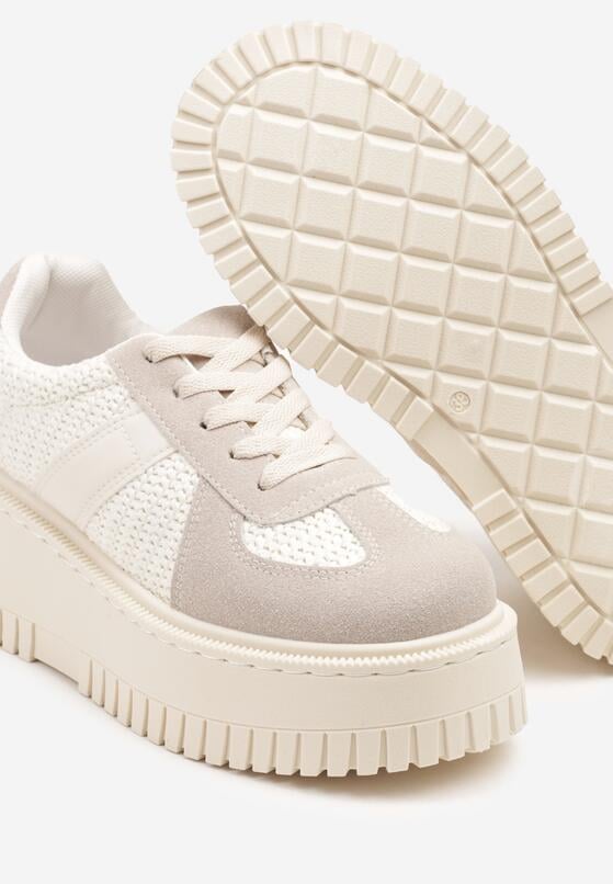 Beżowe Sneakersy Typu Tenisówki na Platformie Zdobione Perforacją Nerilsa 6