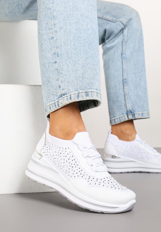 Białe Sneakersy na Koturnie z Cyrkoniami z Metalicznym Zdobieniem Bariena 2