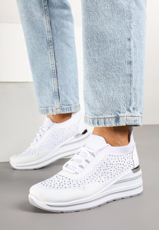 Białe Sneakersy na Koturnie z Cyrkoniami z Metalicznym Zdobieniem Bariena 1