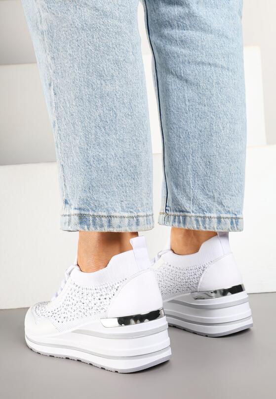 Białe Sneakersy na Koturnie z Cyrkoniami z Metalicznym Zdobieniem Bariena 3