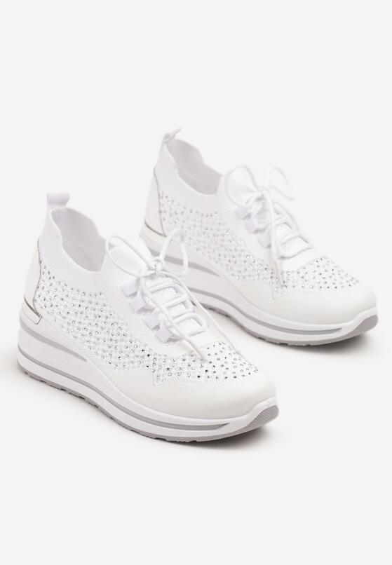 Białe Sneakersy na Koturnie z Cyrkoniami z Metalicznym Zdobieniem Bariena 5