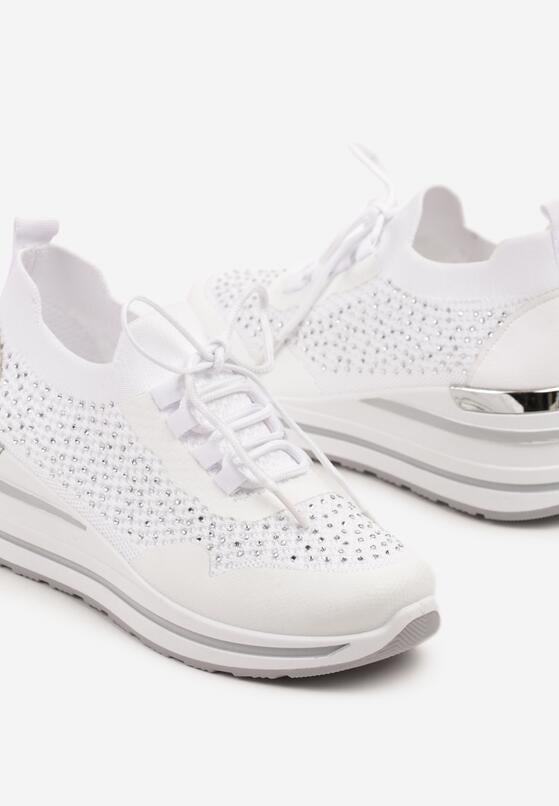 Białe Sneakersy na Koturnie z Cyrkoniami z Metalicznym Zdobieniem Bariena 6