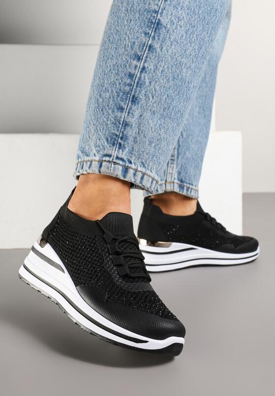 Czarne Sneakersy na Koturnie z Cyrkoniami z Metalicznym Zdobieniem Bariena 2