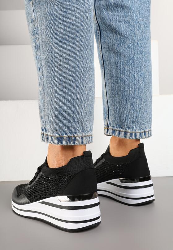 Czarne Sneakersy na Koturnie z Cyrkoniami z Metalicznym Zdobieniem Bariena 3