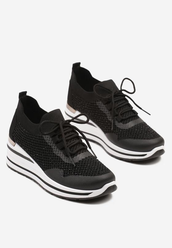 Czarne Sneakersy na Koturnie z Cyrkoniami z Metalicznym Zdobieniem Bariena 5