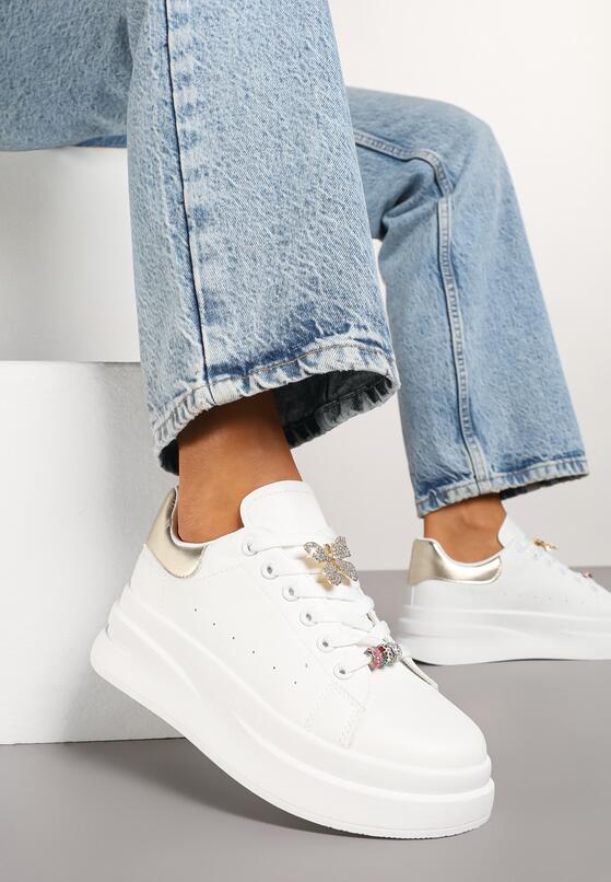 Biało-Złote Sneakersy na Grubej Podeszwie z Biżuteryjnymi Aplikacjami Arathra 1
