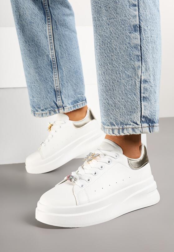 Biało-Złote Sneakersy na Grubej Podeszwie z Biżuteryjnymi Aplikacjami Arathra 3