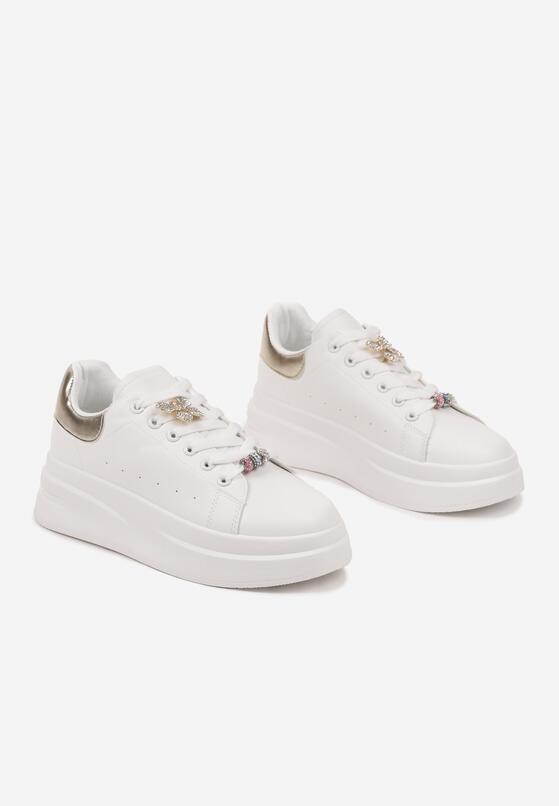 Biało-Złote Sneakersy na Grubej Podeszwie z Biżuteryjnymi Aplikacjami Arathra 5