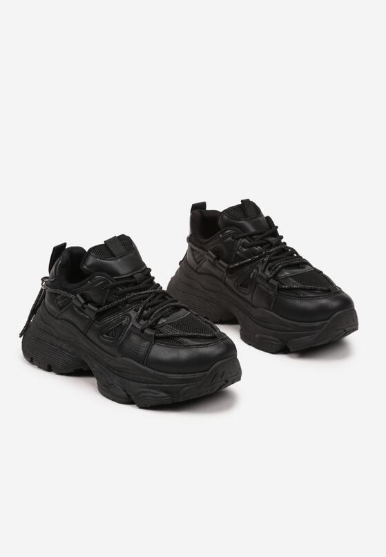 Czarne Sneakersy na Grubej Podeszwie z Tłoczeniami z Ozdobnym Ściągaczem Delariela 5