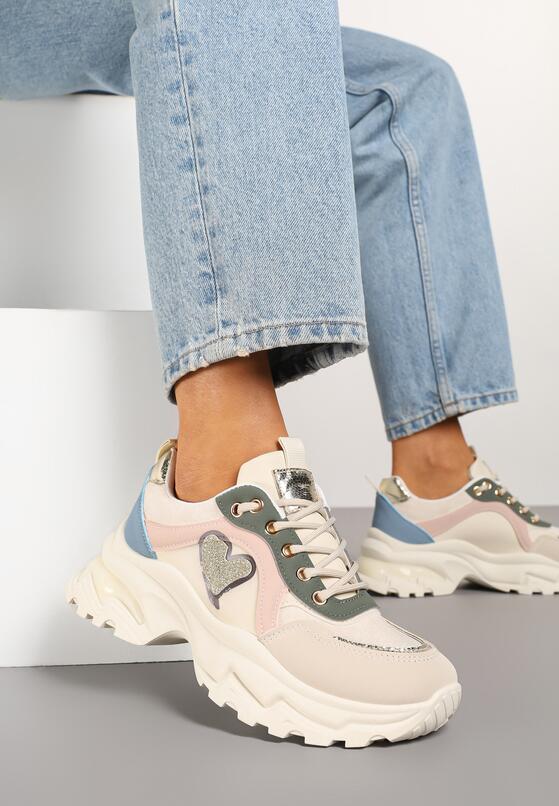 Beżowo-Zielone Sneakersy Streetwearowe z Brokatem na Grubej Podeszwie Miledia 2