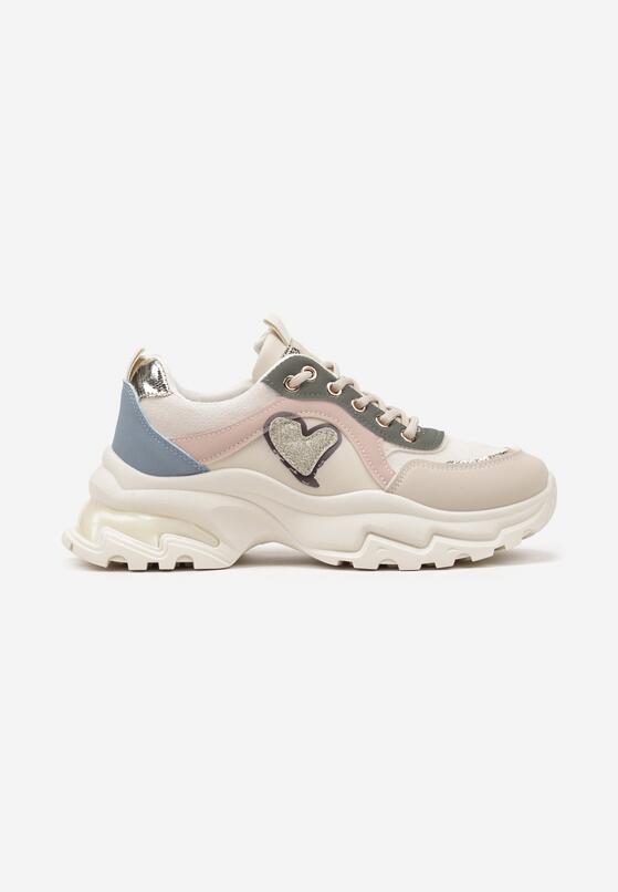 Beżowo-Zielone Sneakersy Streetwearowe z Brokatem na Grubej Podeszwie Miledia 4