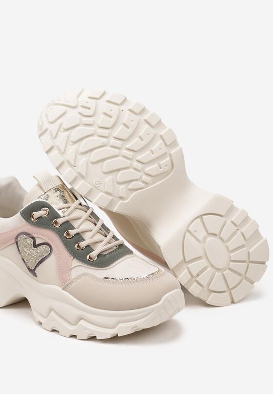 Beżowo-Zielone Sneakersy Streetwearowe z Brokatem na Grubej Podeszwie Miledia 6