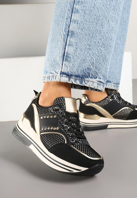 Czarne Sneakersy na Grubej Podeszwie z Cyrkoniami i Metalicznymi Ozdobami Tawiela 3