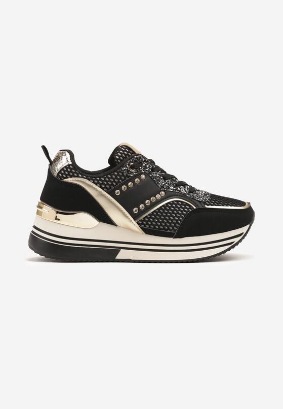 Czarne Sneakersy na Grubej Podeszwie z Cyrkoniami i Metalicznymi Ozdobami Tawiela 4