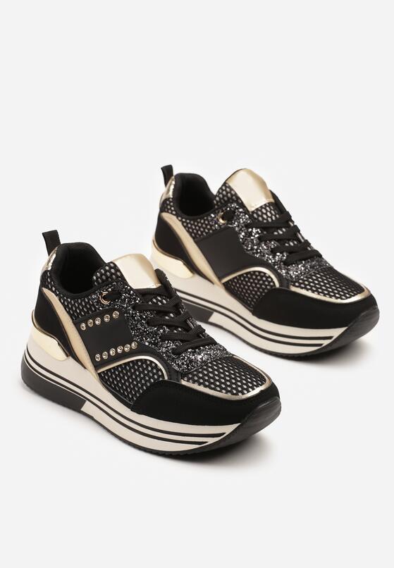 Czarne Sneakersy na Grubej Podeszwie z Cyrkoniami i Metalicznymi Ozdobami Tawiela 5