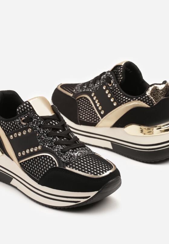 Czarne Sneakersy na Grubej Podeszwie z Cyrkoniami i Metalicznymi Ozdobami Tawiela 6