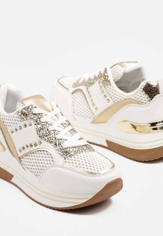 Biało-Złote Sneakersy na Grubej Podeszwie z Cyrkoniami i Metalicznymi Ozdobami Tawiela 6