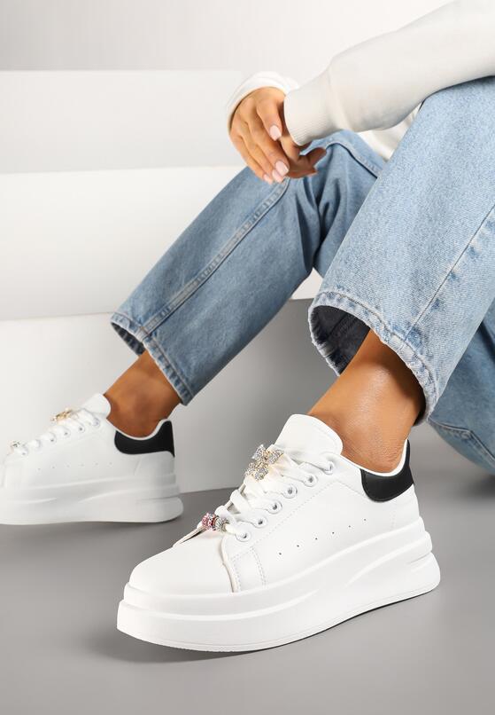 Biało-Czarne Sneakersy na Grubej Podeszwie z Biżuteryjnymi Aplikacjami Arathra 2