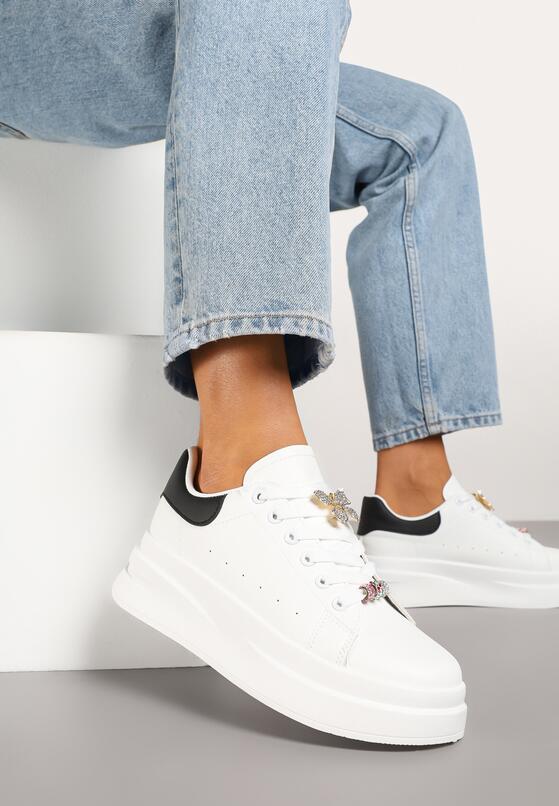 Biało-Czarne Sneakersy na Grubej Podeszwie z Biżuteryjnymi Aplikacjami Arathra 1