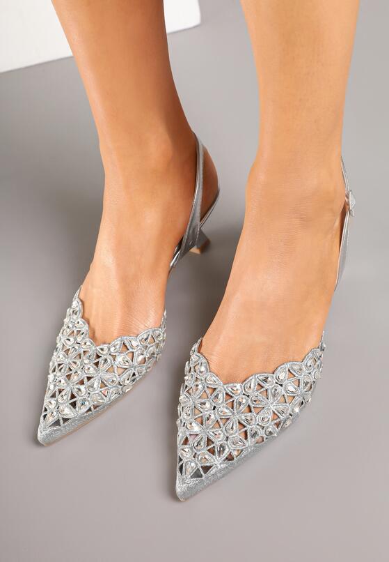 Srebrne Eleganckie Ażurowe Sandały na Obcasie Typu Kaczuszka z Cyrkoniami Lilabis 3