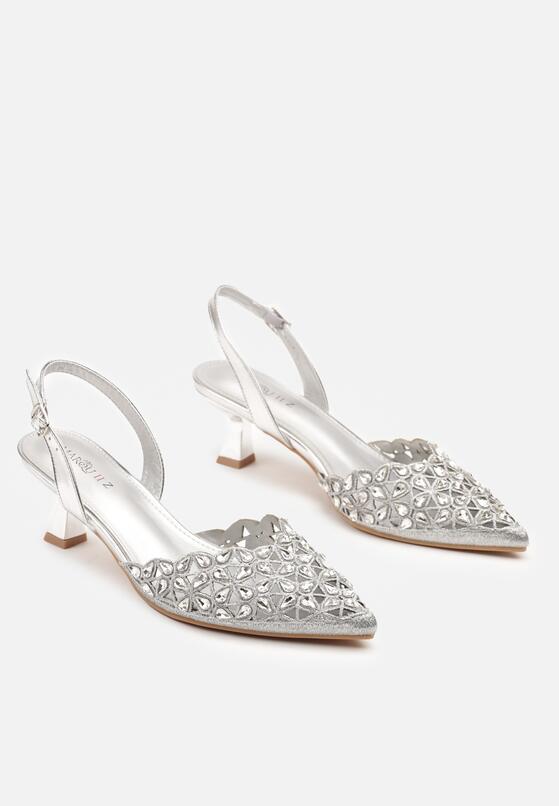 Srebrne Eleganckie Ażurowe Sandały na Obcasie Typu Kaczuszka z Cyrkoniami Lilabis 5