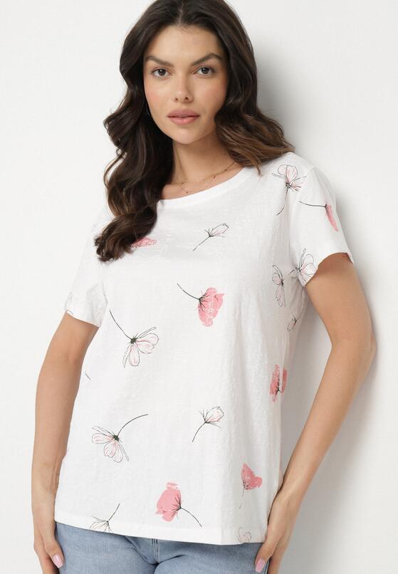 Biały T-shirt z Bawełny w Kwiatowy Wzór Acevianna 1