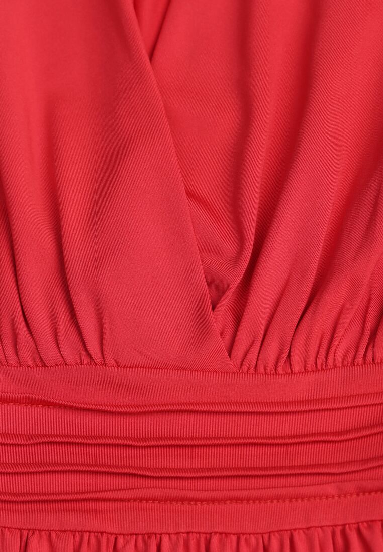 Czerwona Rozkloszowana Sukienka z Wiskozą o Kopertowym Kroju Selwenna 8