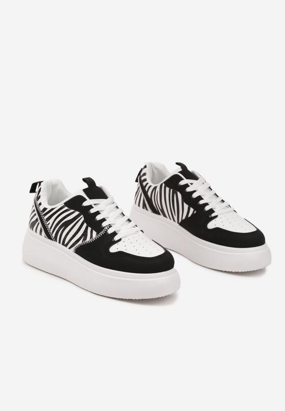 Czarno-Białe Sneakersy na Platformie z Ozdobnymi Przeszyciami Perforacją i Printem w Zeberkę Senaleira 5