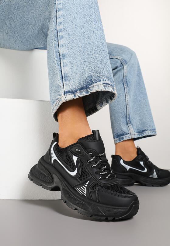 Czarne Sneakersy na Grubej Podeszwie z Siateczką Olirase 1
