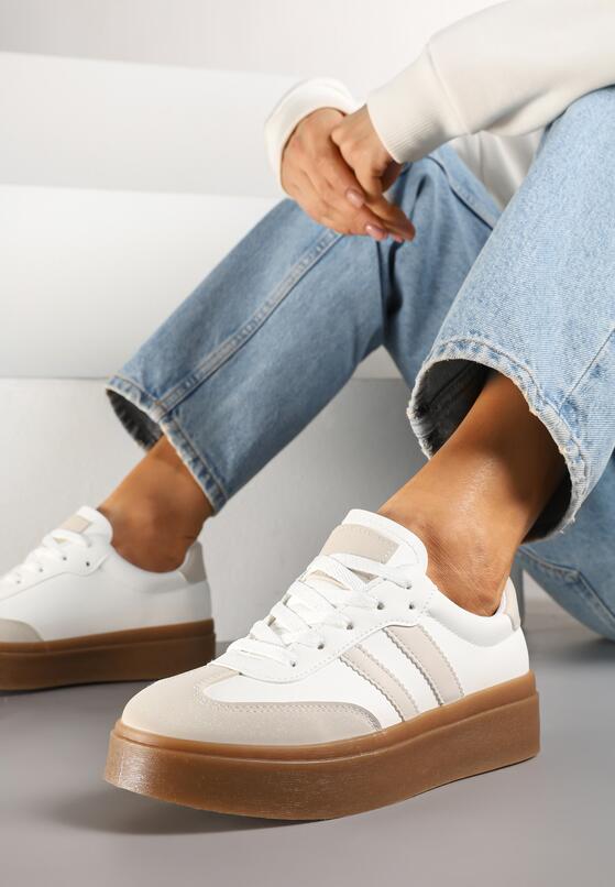 Biało-Beżowe Sneakersy w Stylu Kultowych Tenisówek na Grubej Podeszwie Carilne 1