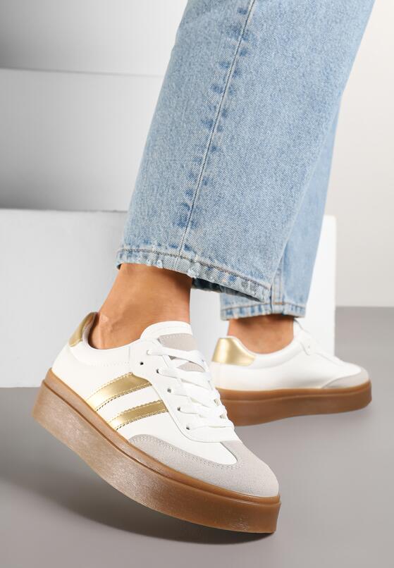 Biało-Złote Sneakersy w Stylu Kultowych Tenisówek na Grubej Podeszwie Carilne 2