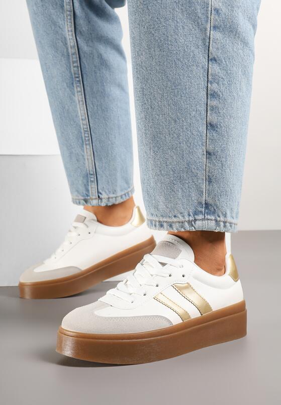 Biało-Złote Sneakersy w Stylu Kultowych Tenisówek na Grubej Podeszwie Carilne 1
