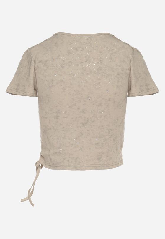 Ciemnobeżowy Bawełniany T-shirt Ozdobiony Brokatem i Ściągaczem z Boku Elirona 7